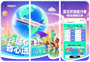 AppLens提供丰富的自定义产品页(CPP)素材,同程旅行夏日环球旅行季促销海报、全球随心飞、省心选同程等